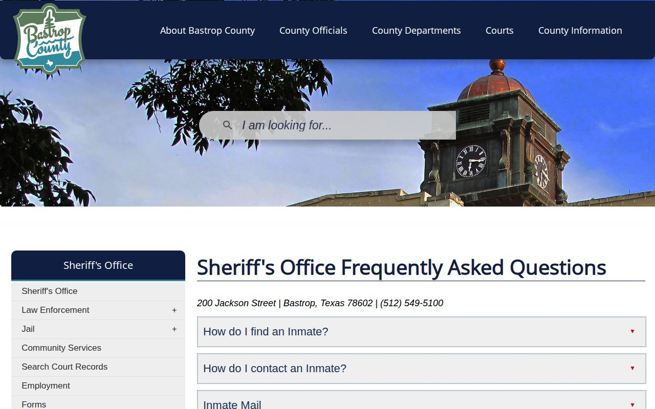 Bastrop County Sheriff FAQ directing jail status questions to Booking and written requests