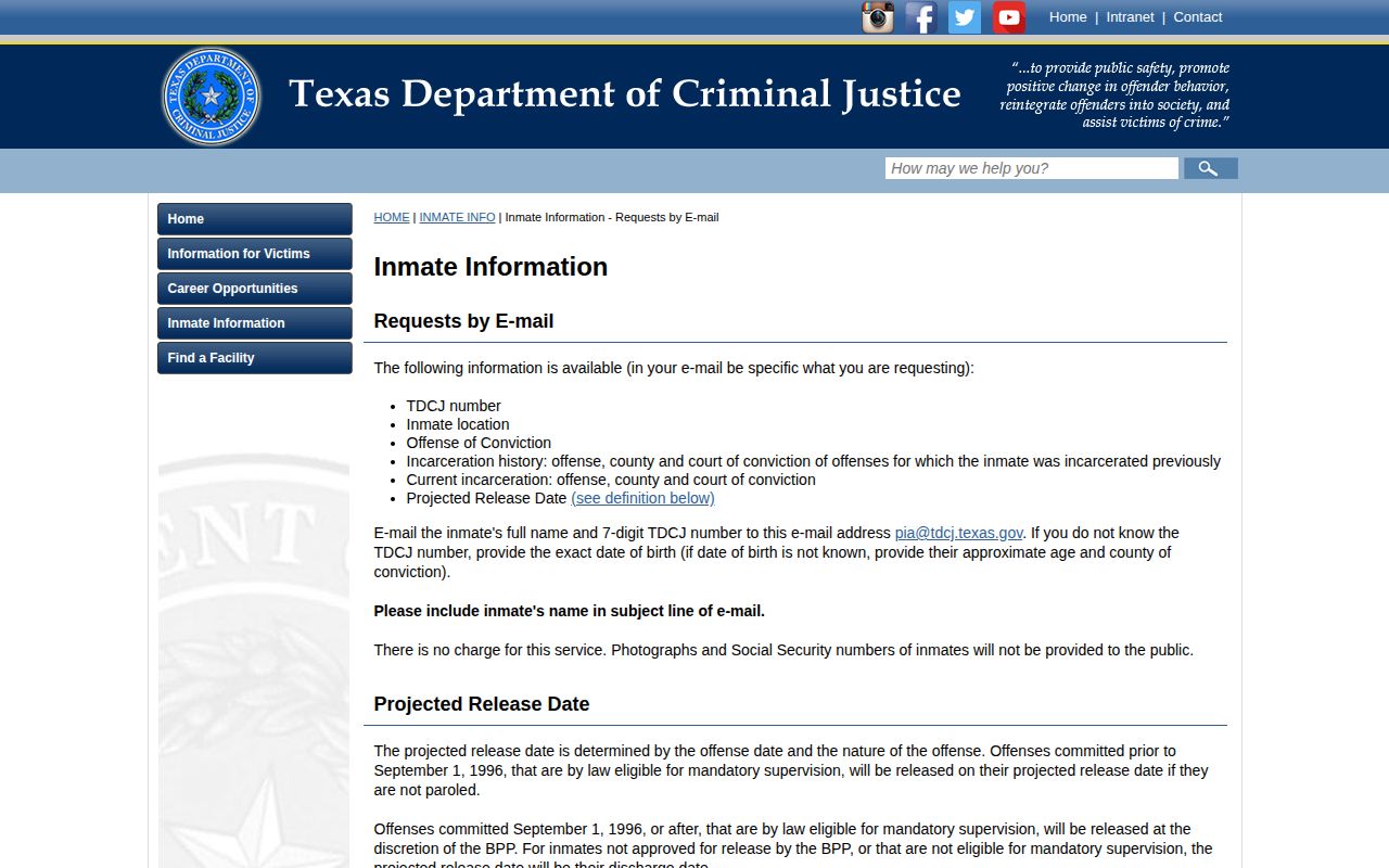 Bastrop County projected release record definition from TDCJ