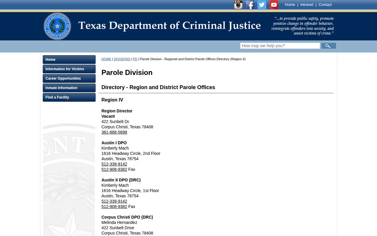 Bastrop County parole office record for post-release supervision