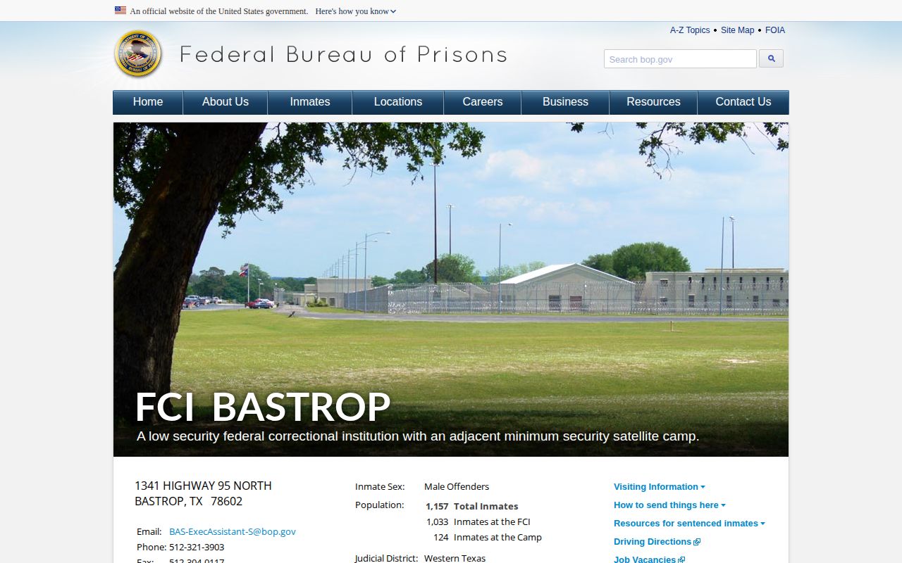 Federal Correctional Institution Bastrop official facility and release information page