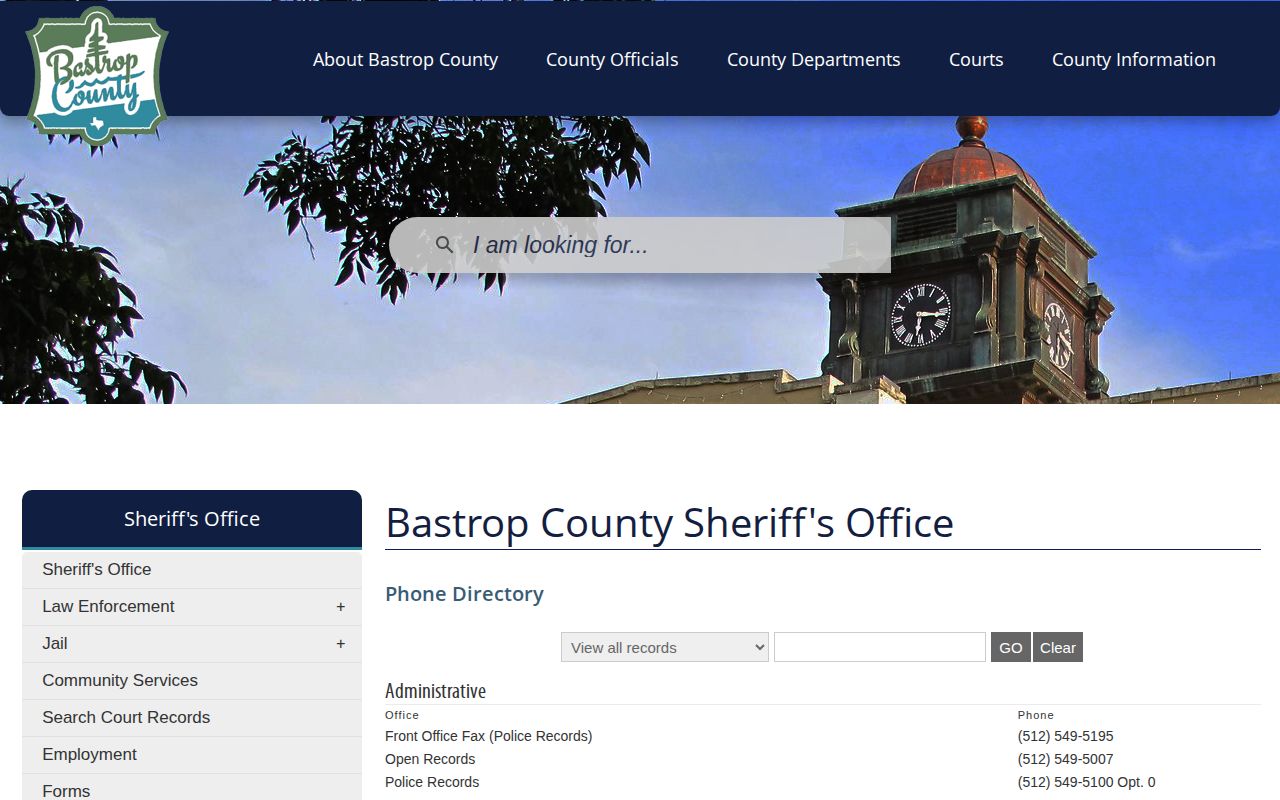 Bastrop County Sheriff directory with Booking, Jail Records, Transport and Open Records contacts