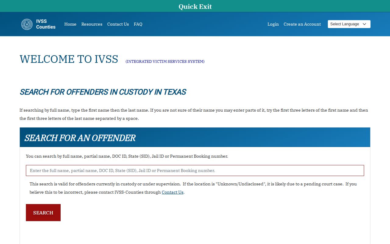 Texas IVSS-Counties specific person custody and supervision search
