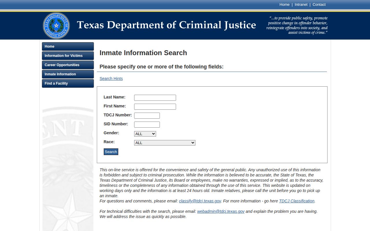 TDCJ online inmate search current-incarceration notice and search fields